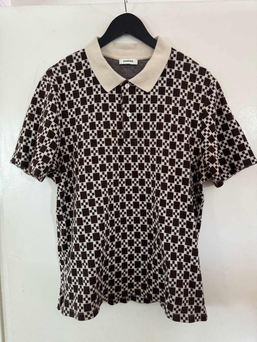 Sandro Men's Checkerboard Polo in Brown and Cream